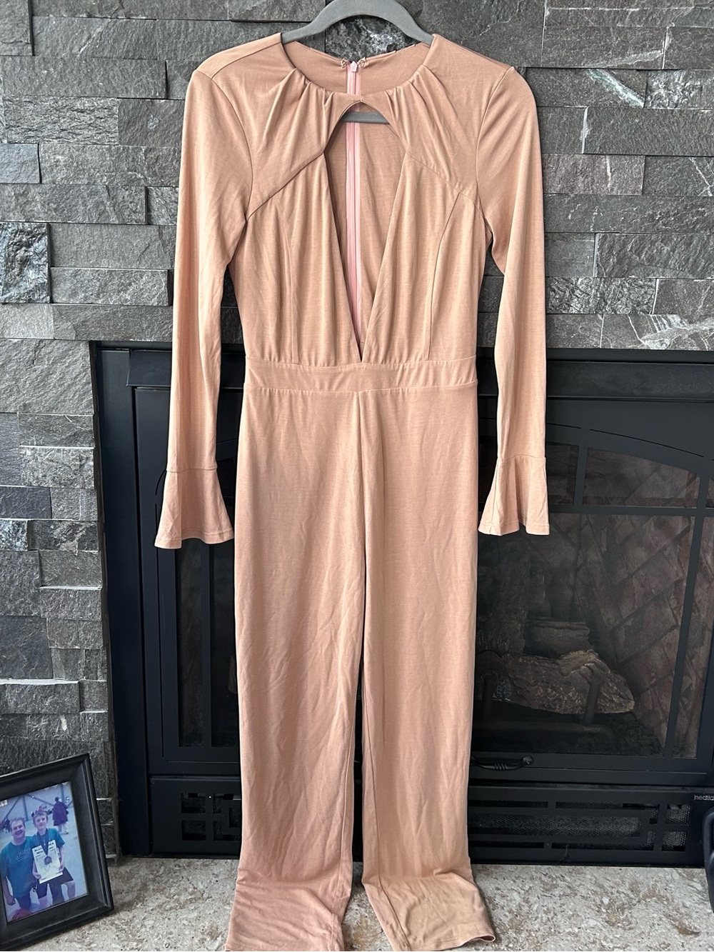 House of Harlow 1960 Nude/Tan Keyhole Plunge Jumpsuit